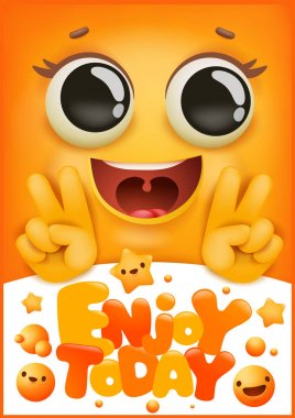 Doğum günü tebrik kartı kapağı. Sarı gülümseme emoji çizgi film karakteri. Bugün keyfini çıkarın