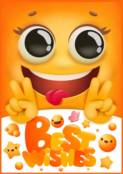 Cubierta de tarjeta de felicitación de cumpleaños. Sonrisa amarilla emoji dibujos animados character.best deseos — Vector de stock