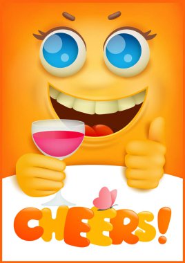 Sarı emoji çizgi film karakteri ile tebrik kartı kavramı. Şerefe