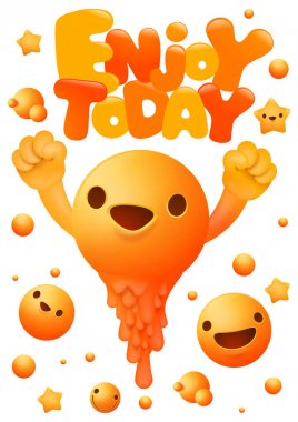 Kawaii sarı emoji gülümseme yüz çizgi film karakteri.enjoy bugün tebrik kartı.