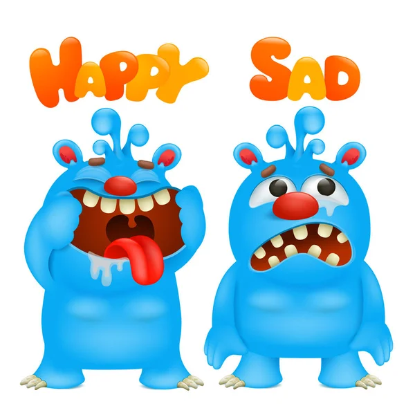 Gegensätze und Gegensätze. Cartoon-Monster-Charakterkarten zum Erlernen der englischen Sprache. glücklich und traurig — Stockvektor