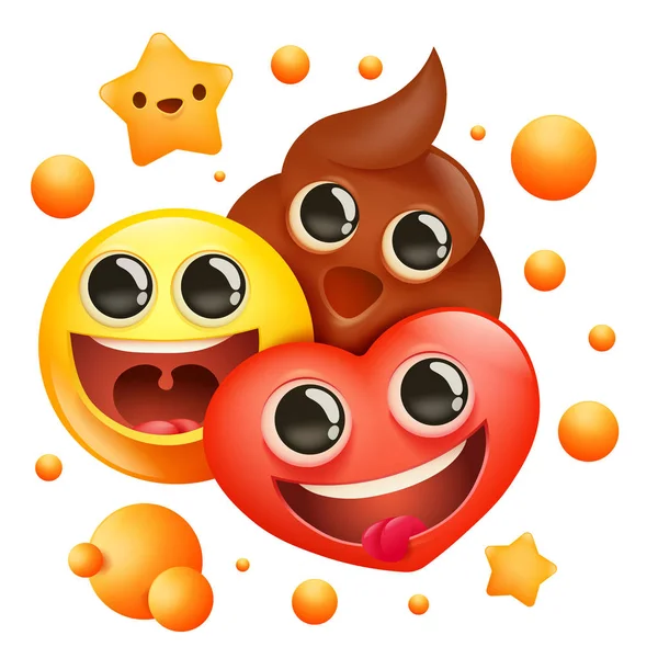 Emoji χαρακτήρες κινουμένων σχεδίων. Κίτρινο χαμόγελο πρόσωπο, κακά και καρδιά σημάδι κοινωνικές αντιδράσεις του δικτύου — Διανυσματικό Αρχείο