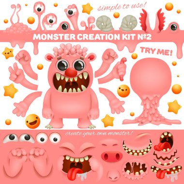 Pembe Canavar emoji karikatür oluşturma kiti. Diy koleksiyonu. Kendi karakterinizi oluşturun.