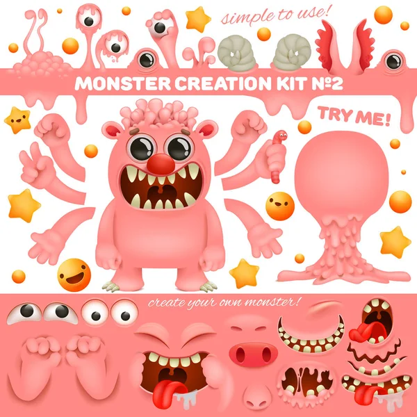 Pink Monster emoji cartoon creation kit. Diy collection. Create your own character. — Stock Vector