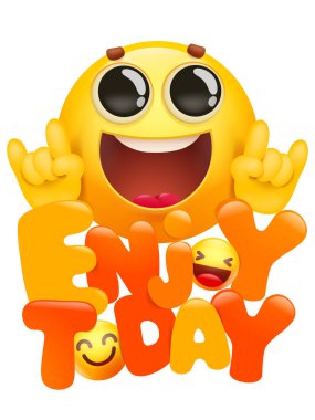 sarı emoji 3d gülümseme yüz çizgi film karakteri. bugün başlık keyfini çıkarın.