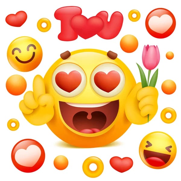 Sárga Emoji 3D mosoly arca karikatúra karakter gazdaság tulipán virág — Stock Vector