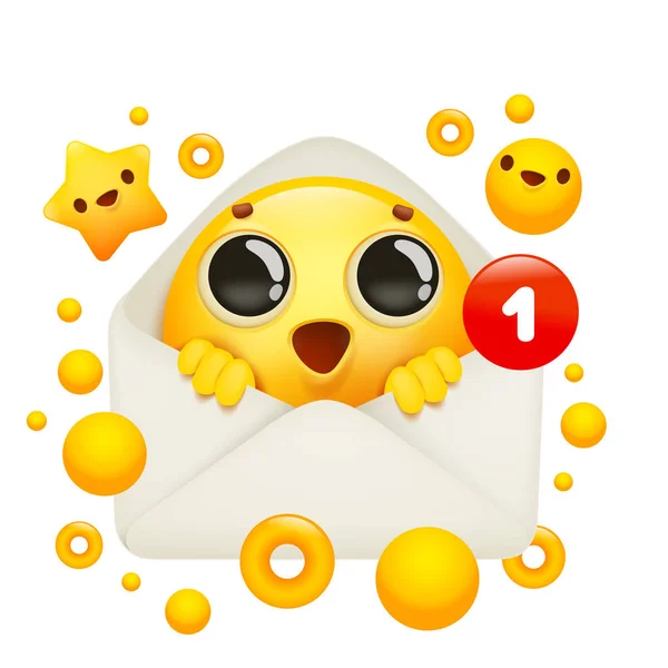 Yellow emoji 3d smile face cartoon character inside envelope — Stock Vector