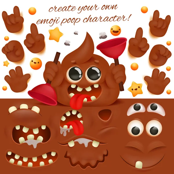 Karikatür poo ifade 3d kawaii karakter Oluşturma seti. Diy koleksiyonu.