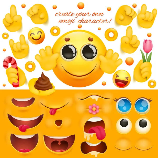 Żółty smiley twarz 3D znak emoji zestaw DIY Creation. Emocje duża kolekcja. — Wektor stockowy