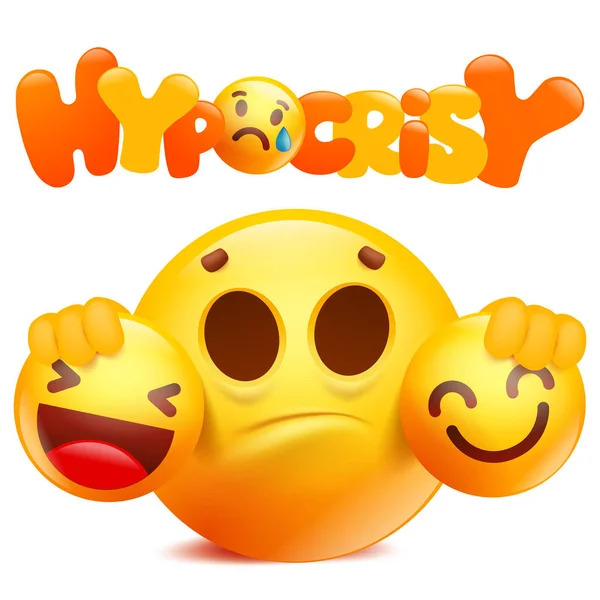 Cartoon Emoji 3D gele glimlach karakter hypocrisie. Sociaal concept. — Stockvector