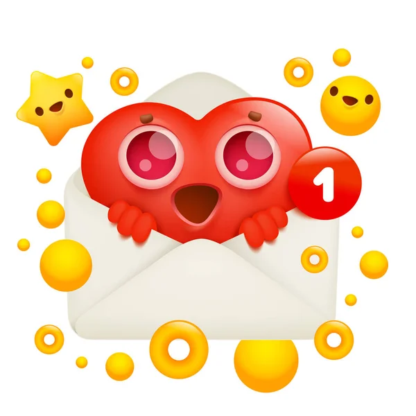 Κόκκινο καρδιά emoji 3D χαμόγελο προσώπου χαρακτήρα καρτούν μέσα φάκελο. Νέα κάρτα για την έκφραση του μηνύματος. — Διανυσματικό Αρχείο