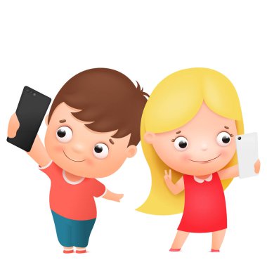 Erkek ve kız birlikte poz ve selfie yapıyor. Komik çizgi film çocuk karakteri. Vektör çizimi.