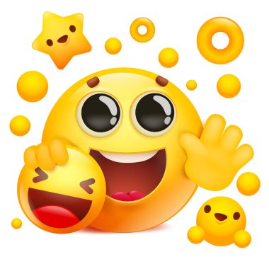 Sarı emoji 3d gülümseme yüz çizgi film karakteri sarı ifade simgesi tutan.
