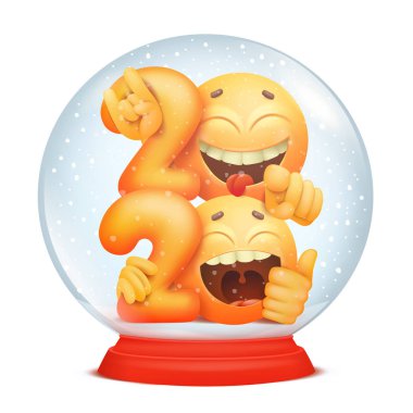 Içinde iki sarı emoji karakterleri ile Sihirli kar küresi. Tasarımınız için 2020 yeni yıl unsuru