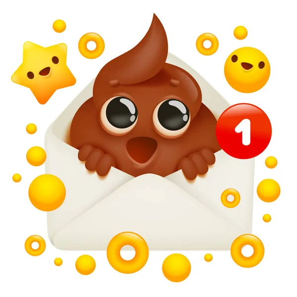 Braun poop 3d smile face cartoon figur im umschlag. neue Emoticon-Karte für Nachrichten. — Stockvektor