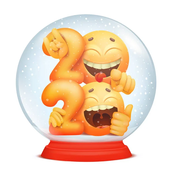 Globo de neve mágico com dois personagens emoji amarelos dentro. 2020 elemento de ano novo para o seu projeto —  Vetores de Stock