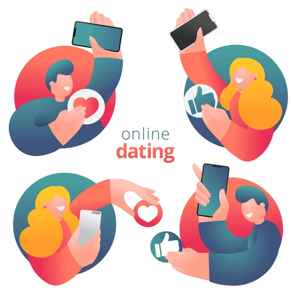 Set of icons of male and female cartoon characters in flat design having online dating — Stock Vector