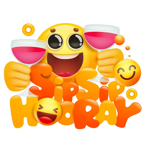 Amarillo personaje de dibujos animados emoji 3d con dos tazas de vino. Sorbo sorbo hurra . — Vector de stock