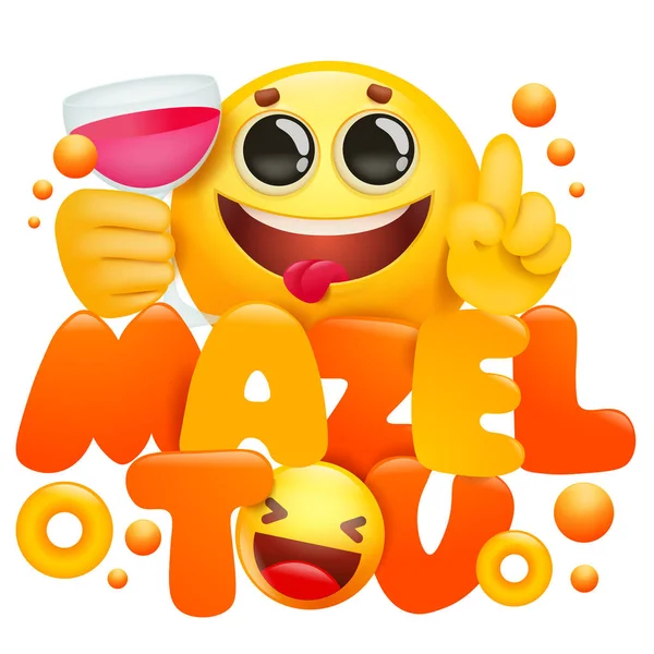 Amarillo emoji 3d personaje de dibujos animados con taza de vino. Mazel Tov . — Vector de stock