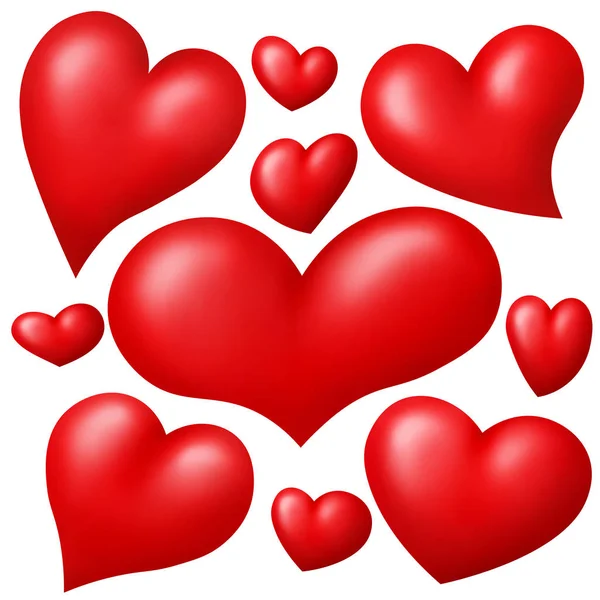 3d realista dibujos animados corazones rojos conjunto aislado sobre fondo blanco — Vector de stock