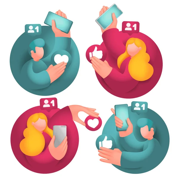 Set of icons with male and female cartoon 3d characters, having online communication with mobile phones in social network. — Stock Vector