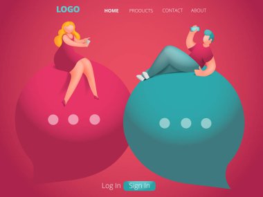 Web sayfası şablonu. Online flört sahnesi. Çiftin akıllı telefonlarla romantik bir iletişimi var..