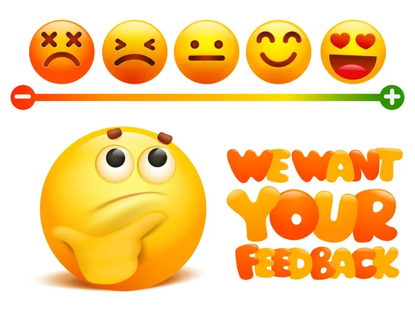 Geri bildirim konsepti. Rütbe, memnuniyet seviyesi sarı emoji çizgi film karakterleri şeklinde. Kullanıcı deneyimi. Tüketicinin İncelemesi.