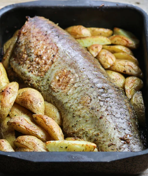 baked carp with sliced potatoes close up