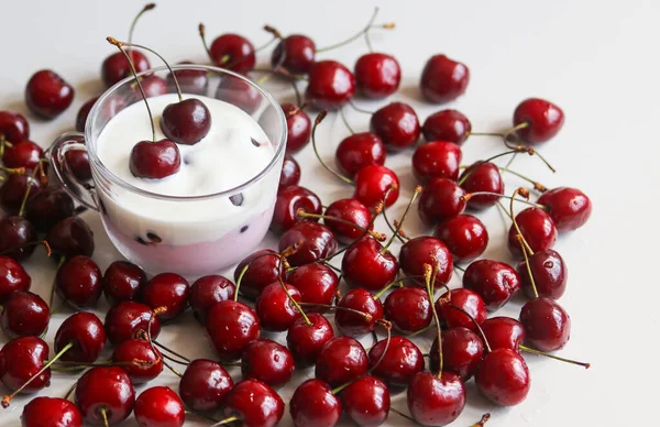 Cottage Cheese Dessert Glass Ripe Cherries White Background Close Stock Photo