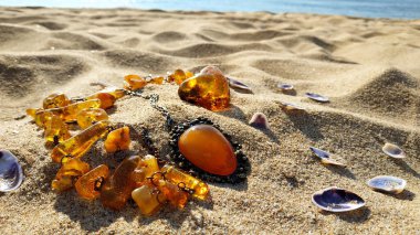 Güzel, sarı-turuncu Baltık kehribar kolye ve kolye sabahın erken saatlerinde deniz kıyısında olacak. Mor deniz kabukları ve sarı kum, lüks antik kehribar taşıyla uyumlu..