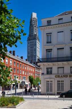 Amiens, France - May 29 2020: The Perret tower is a residential and office building located place Alphonse-Fiquet, opposite the Gare du Nord, a short distance from the city center. clipart