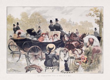A. Marie tarafından Champs-Elysees 'de at arabasında gezinen ve Gillot tarafından 1885' te Paris Illustre dergisinde yayınlanan Parisli bir ailenin tasviri. Şimdi kamusal alanda.