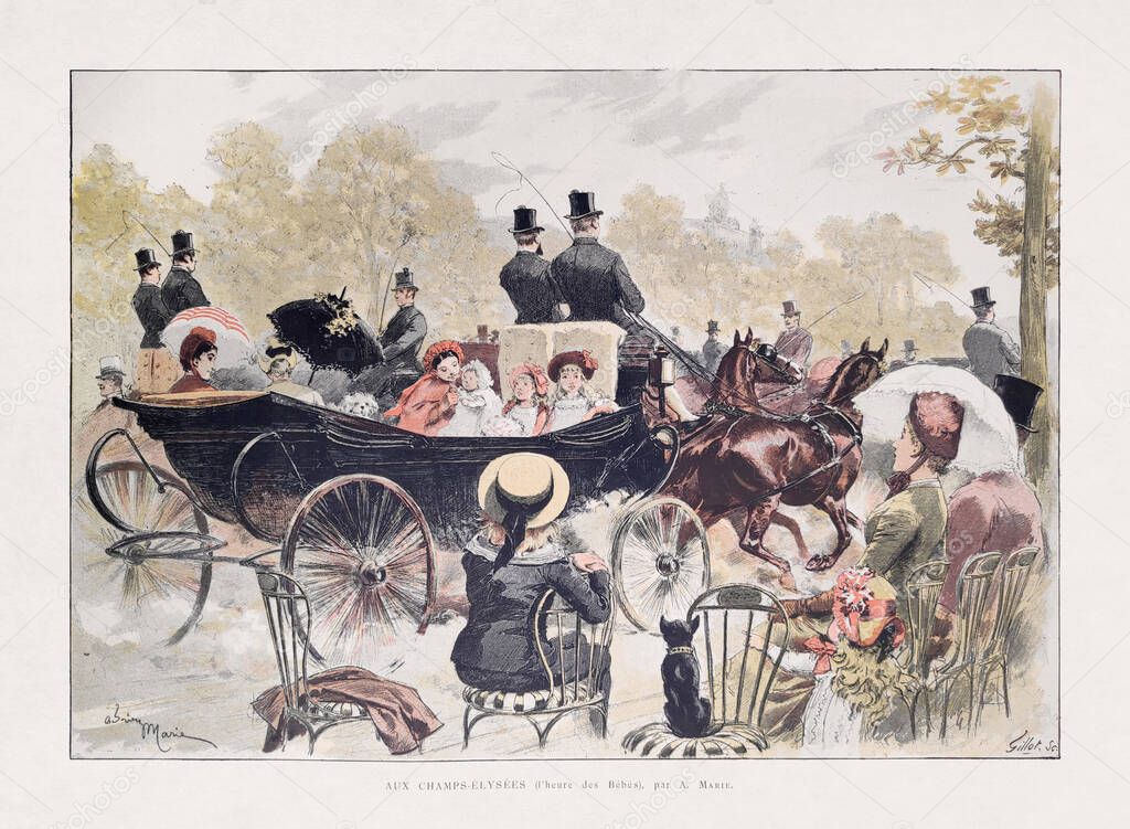 Illustration of Parisian family strolling on a horse-drawn carriage on the Champs-Elysees by A. Marie and engraved by Gillot published 1885 in the monthly magazine 