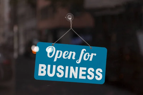 Close Blue Open Sign Window Shop Displaying Message Open Business — Stock Photo, Image