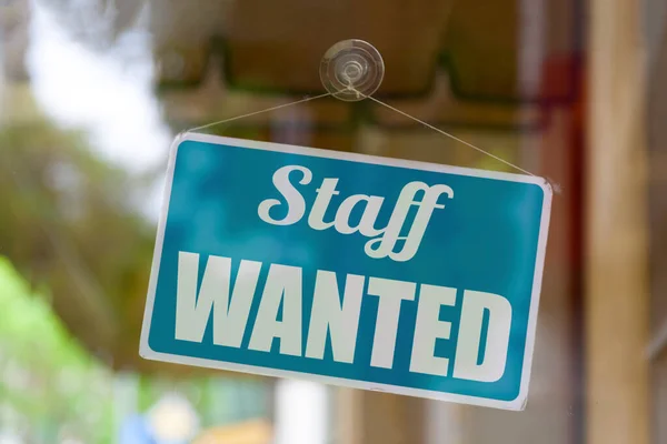 Close Blue Open Sign Window Shop Displaying Message Staff Wanted — Stock Photo, Image