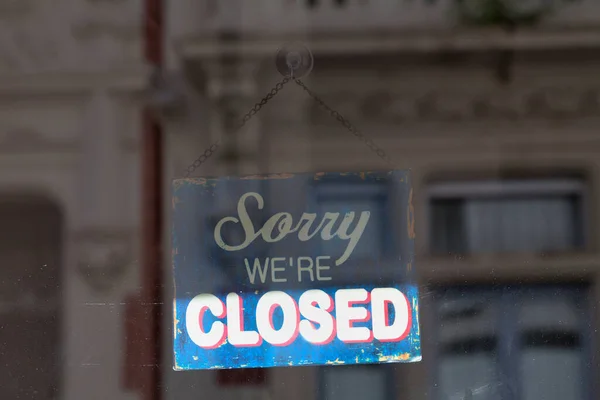 Blue Sign Hanging Glass Door Shop Saying Sorry Closed — Stock Photo, Image