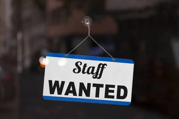 Close Blue Open Sign Window Shop Displaying Message Staff Wanted — Stock Photo, Image