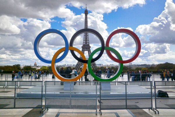 Paris, France - September 15 2017: Olympic rings installed on the esplanade of Trocadero to commemorate the Olympic Games which will take place in Paris in 2024.