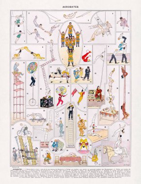 Marthe ve Juliette Vesque tarafından yapılan renkli illüstrasyon sirk sanatçılarının akrobatik yetenekleri hakkında.
