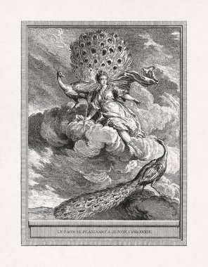 Jean-Baptiste Oudry 'nin 1755' te La Fontaine 'in Juno' ya Şikayet Eden Tavuskuşu Masalları için yaptığı bir resim..