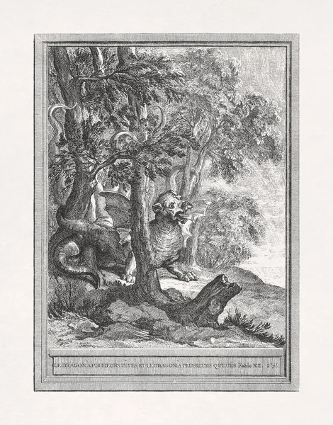Jean-Baptiste Oudry 'nin 1755' te La Fontaine 'in Çok Kafalı Ejderha ve Çok Kuyruklu Ejderha Masalları için yaptığı bir resim..