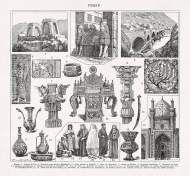 Paul de Laubadere 'in İran ve onun kültürü hakkında eski bir Fransızca sözlükten siyah beyaz çizimleri.