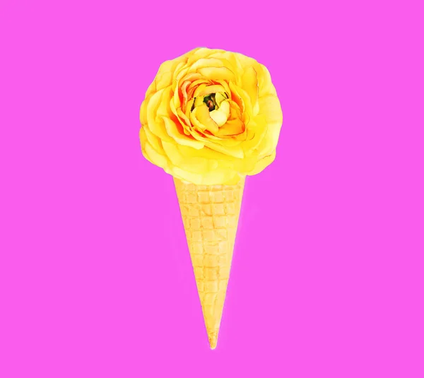 Cono Helado Con Flores Sobre Rosa Colorido Fondo Vista Superior —  Fotos de Stock