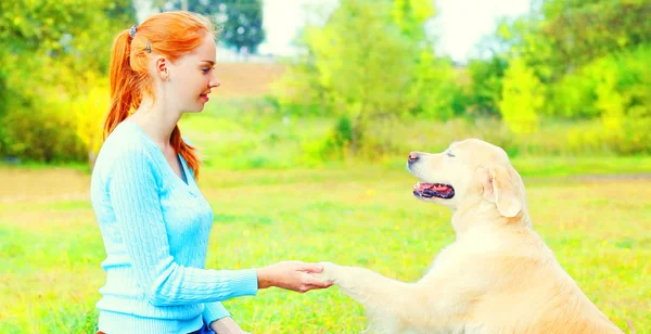 Eigenaar Opleiding Van Haar Golden Retriever Hond Het Gras Paw — Stockfoto