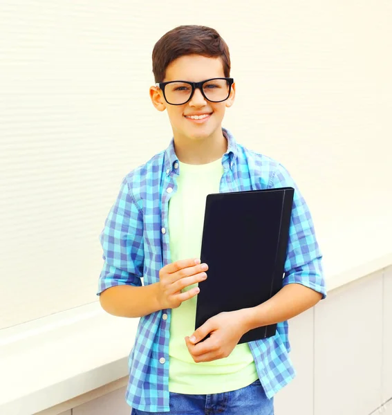 Portrait Smiling Teenager Boy Eyeglasses Folder Book White Background — Stock Photo, Image