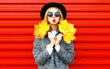 Kırmızı zemin üzerine sarı akçaağaç yaprakları serin kız sonbahar portre paltolu tutar