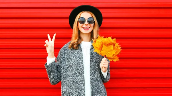 Glücklich Hübsche Herbst Coole Mädchen Mit Gelben Ahornblättern Auf Rotem — Stockfoto