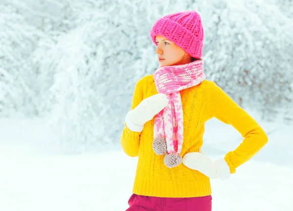 穿着五颜六色的针织帽子 围巾在雪林或公园背景的美丽女孩 — 图库照片