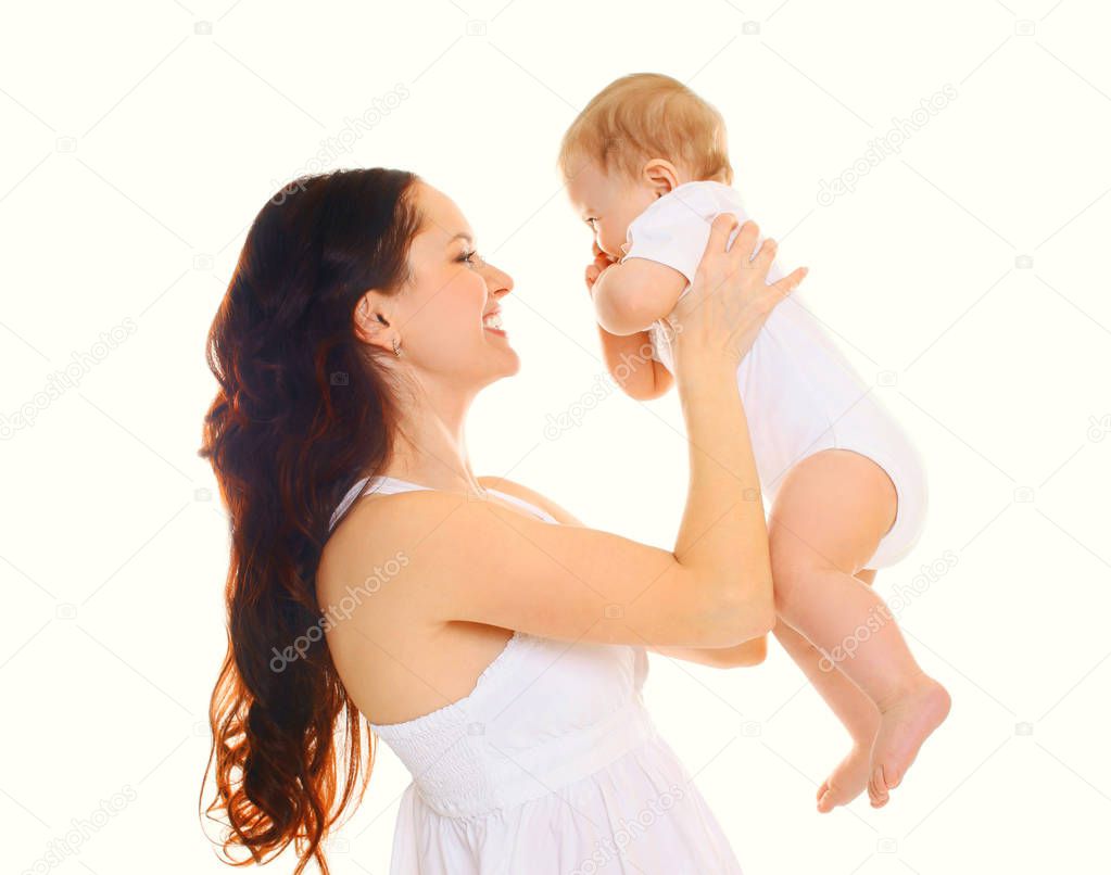 Happy smiling young mother with her cute baby isolated on white 