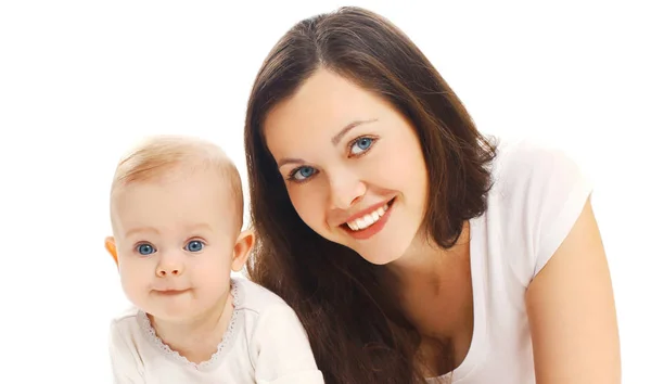 Portrait close-up happy smiling mother with her baby isolated on — Stock Photo, Image